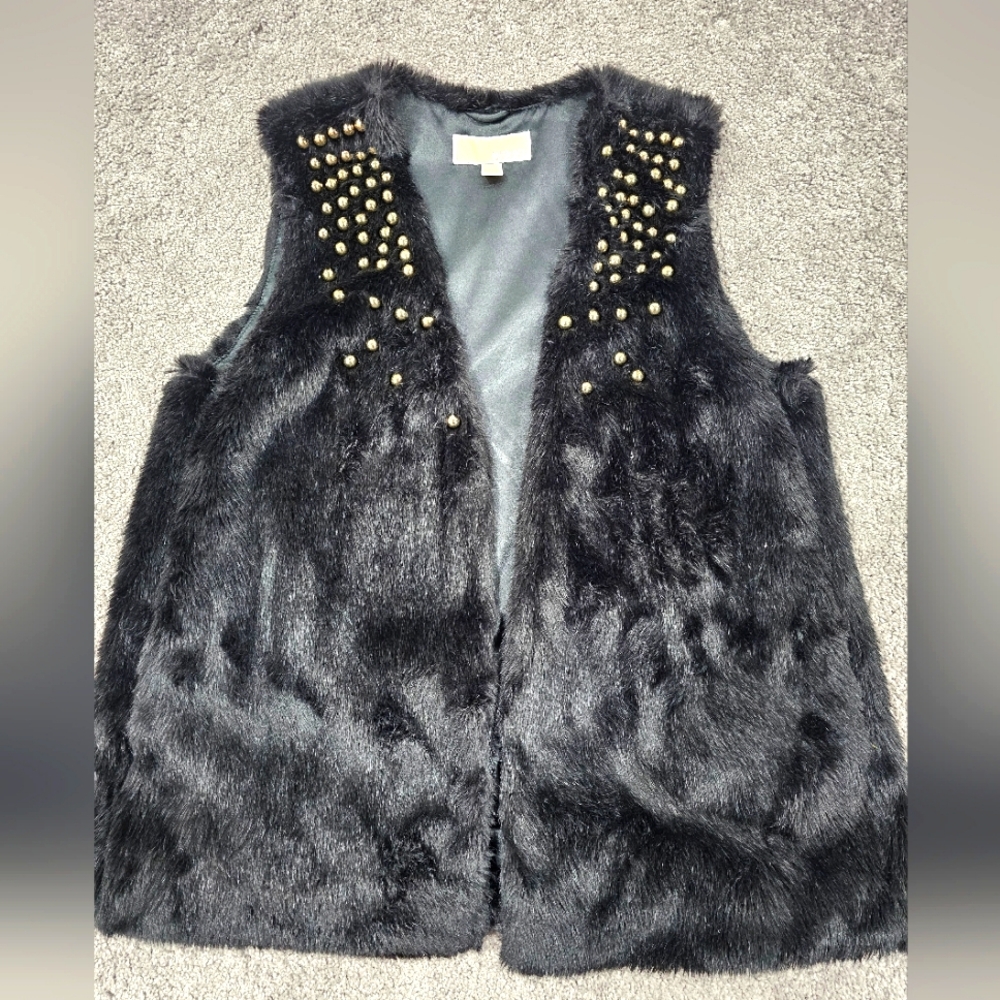 MICHAEL KORS Vest Black Faux Fur Jacket gold studs Womens Large With Pockets